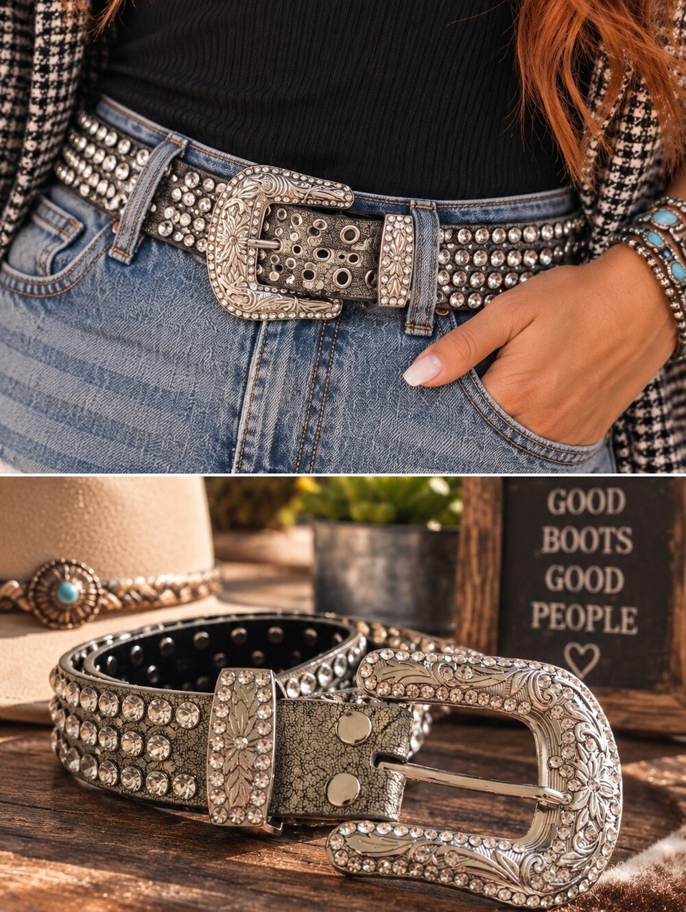 Shyanne Rhinestone Studded Western Belt Silver Gray Leather SM